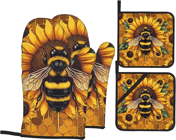 Sunflower Bee Oven Mitts and Heat Resistant Pads by Unknown