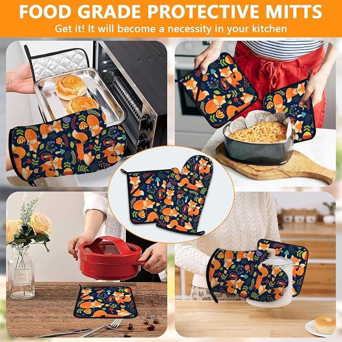 Cute Fox Oven Mitts and Pot Holders Sets 4Pcs, Extra Long Oven Gloves Potholder - Image 7