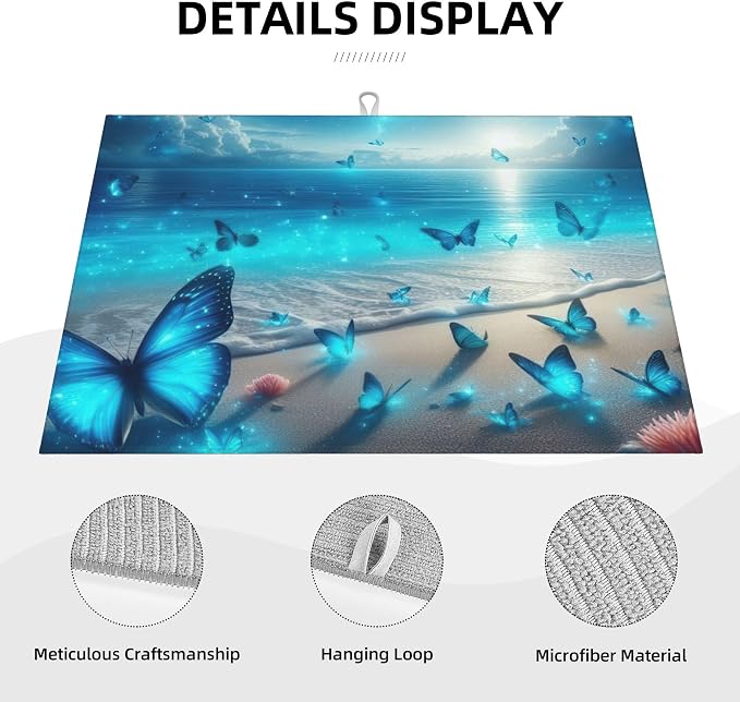 Blue Butterfly Beach Dish Drying Mat 18x24 Inch, Microfiber Absorbent Fast Dry - Image 3
