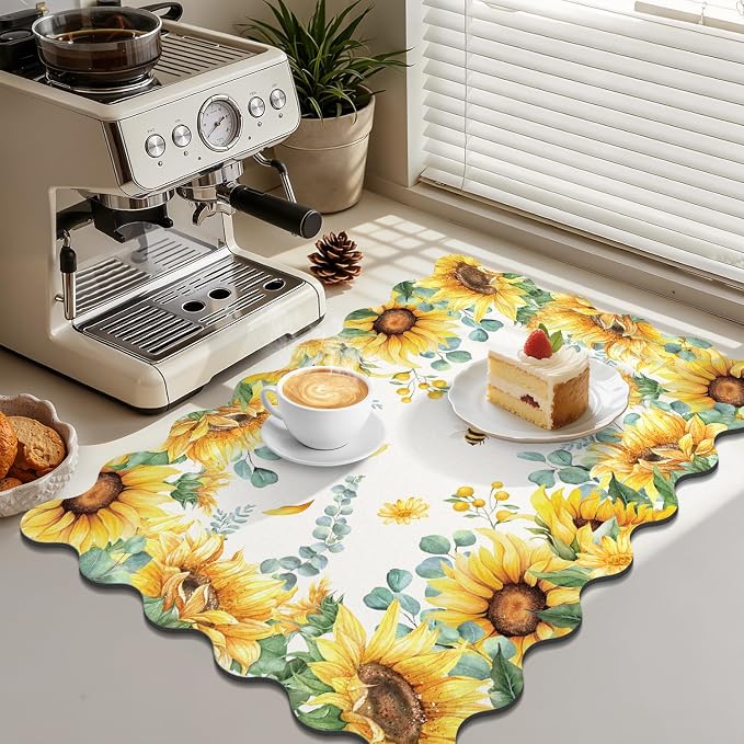 LOKHOM Scalloped Floral Dish Drying Mat, Cuttable Hide Stain Non-slip Drying Mat - Image 4
