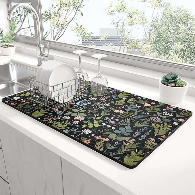 Rnivvi Dish Drying Mat for Kitchen Counter, XL 15 x 24" Cute Flower Theme Super by Rnivvi