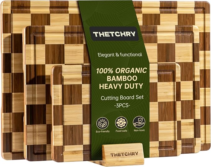 THETCHRY Bamboo Cutting Board Set, Checkered Wood Cutting Boards by Thetchry