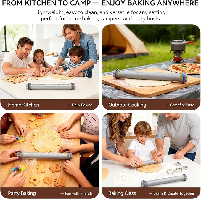Adjustable Rolling Pin with Thickness Rings, 12.8" Silicone Non Stick Dough - Image 7
