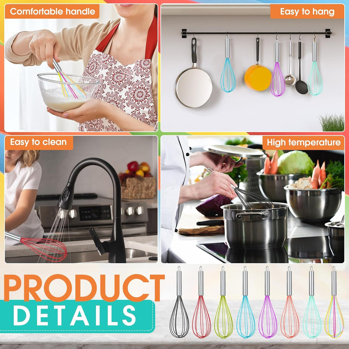 Domensi 8 Pcs 8 Inch Whisks Bulk for Cooking Silicone Whisks Non