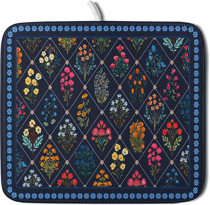 Lapis Blue Dish Drying Mat for Kitchen Counter Flowers Microfiber Absorbent by Giwawa