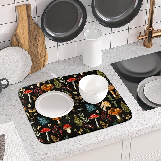 Mushroom Forest Dish Drying Mat Fern Leaves Black Drainer Mat - Image 6