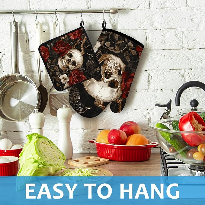 Halloween Skull Rose Crow Oven Mitts and Pot Holders Sets Heat Resistant 4Pcs - Image 4