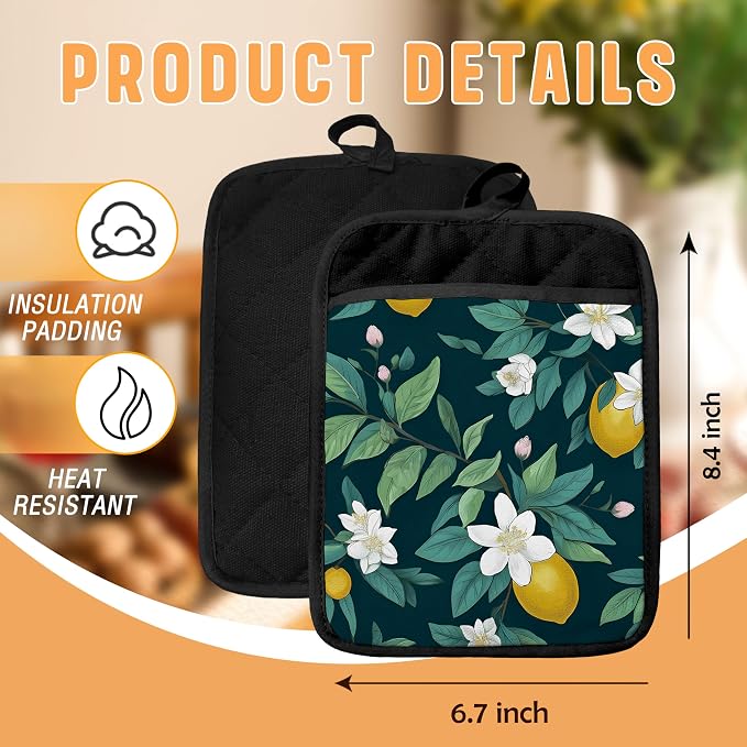 Dark Green Lemon Floral Pot Holders - Image 2