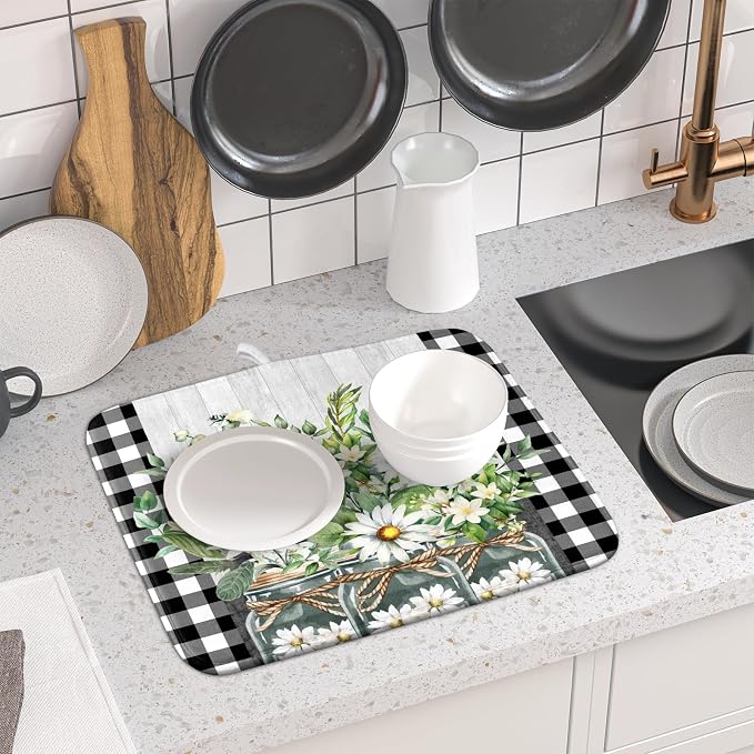 Spring Summer White Daisy Flowers Dish Drying Mat - Image 6