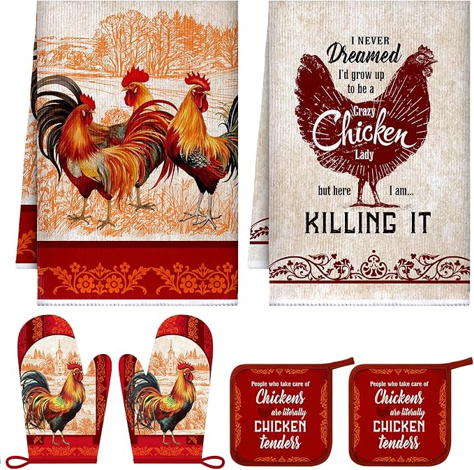 Leinuosen 6 Christmas Red Rooster Farmhouse Kitchen Decor Dish Towels Oven by Leinuosen