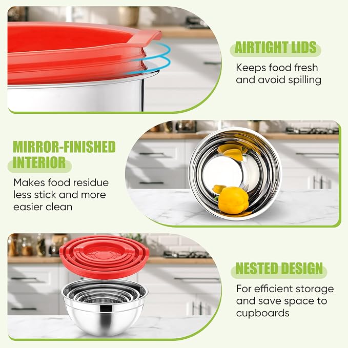 P&P CHEF Mixing Bowls with Airtight Lids Set of 5, 10-Piece Stainless Steel - Image 3