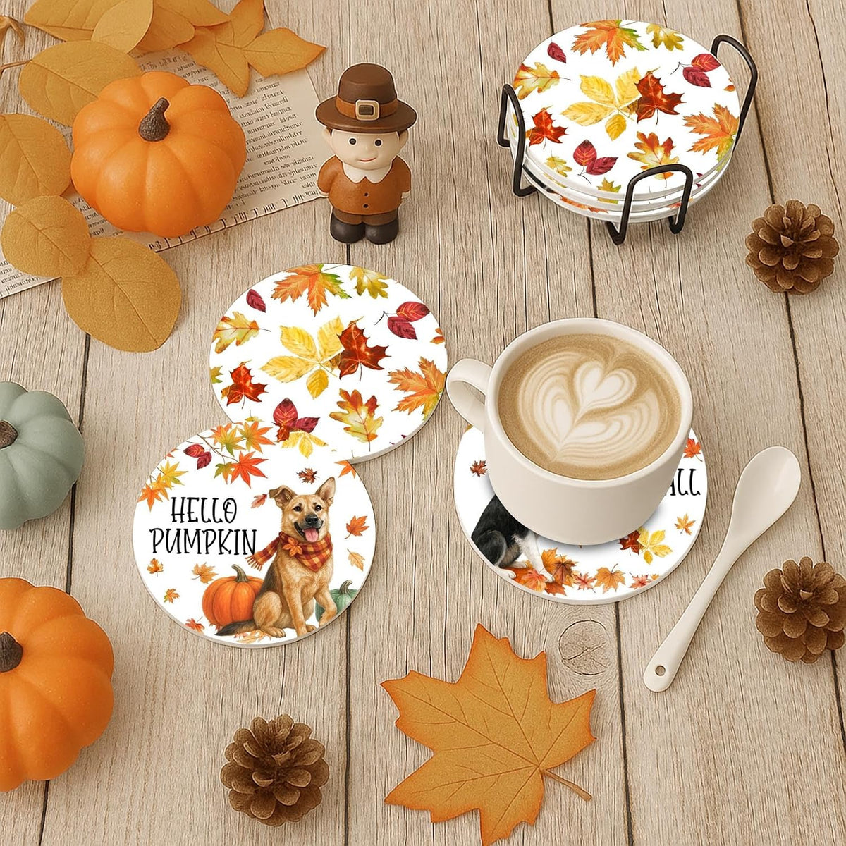 Fall Coasters for Drinks, Set of 6, Ceramic Stone Pumpkin Dog