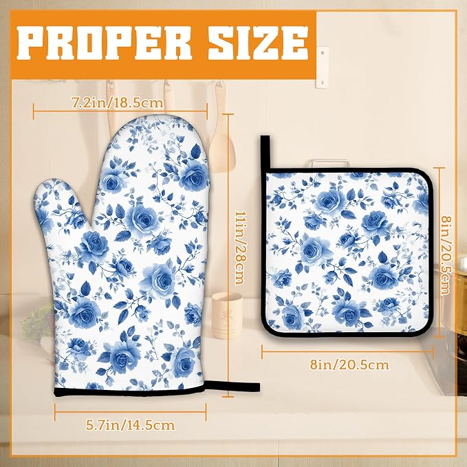 Vintage Blue Rose Oven Mitts and Pot Holders, Heat Resistant Oven Mitts Gloves - Image 2