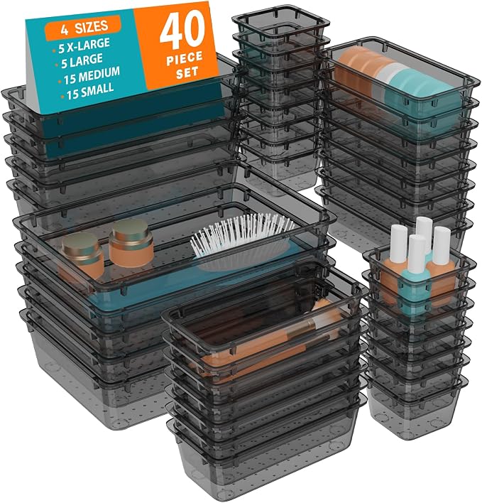 WOWBOX 40 PCS Clear Plastic Drawer Organizer Set, 4 Sizes Desk Drawer by WOWBOX