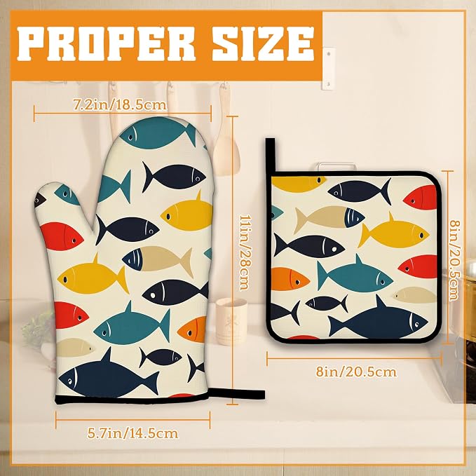 Cute Fish Oven Mitts and Pot Holders Set, Boho Kitchen Decor Heat Resistant Non - Image 2