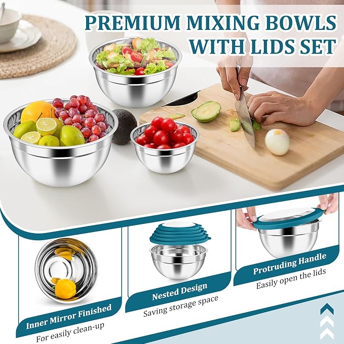 P&P CHEF Mixing Bowls with Visible Airtight Lids Set of 5, 10-Piece Stainless - Image 5