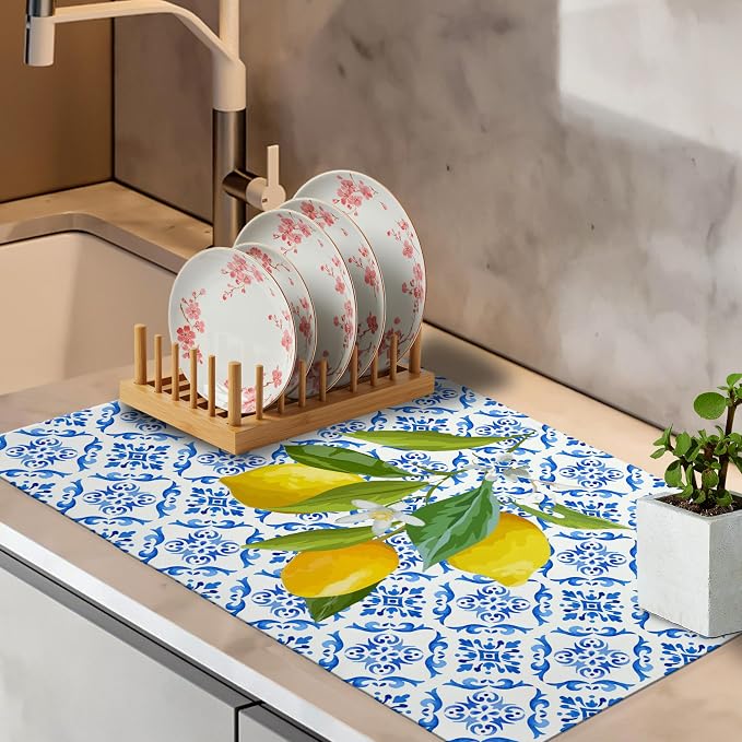 Blue and White Floral Lemon Dish Drying Mat, Mediterranean Tiles Coffee Bar Mat - Image 4
