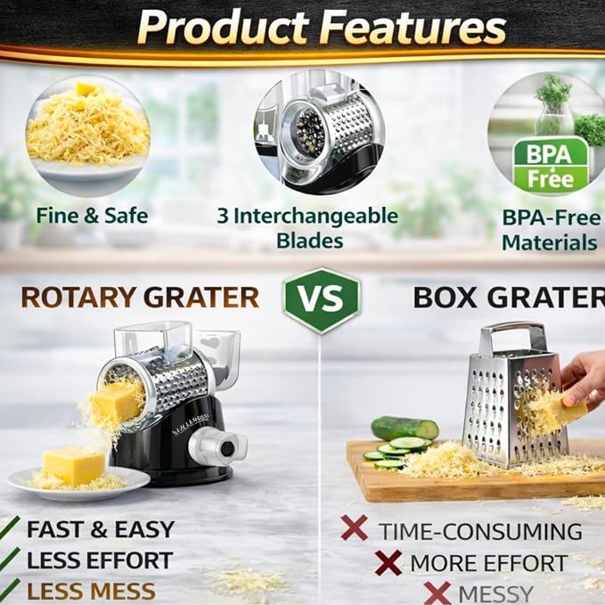 Manual Rotary Cheese Grater for Kitchen, Vegetable Slicer, 3-in-1 Hand Crank - Image 9