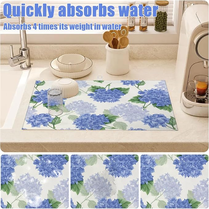 Blue Hydrangea Dish Drying Mat for Kitchen Counter Spring Floral Drying Pad - Image 4