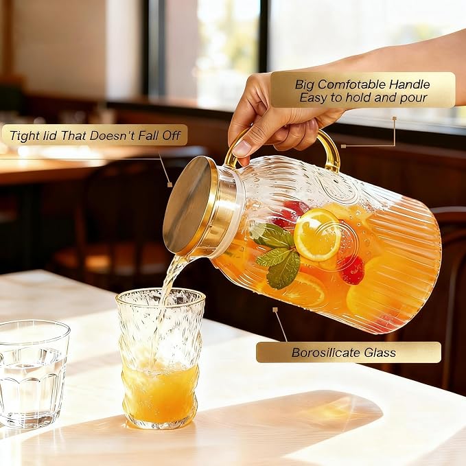 Amzcku Glass Pitcher with Lid, 1 Gallon/128 oz Vintage Water Pitcher, Water - Image 3