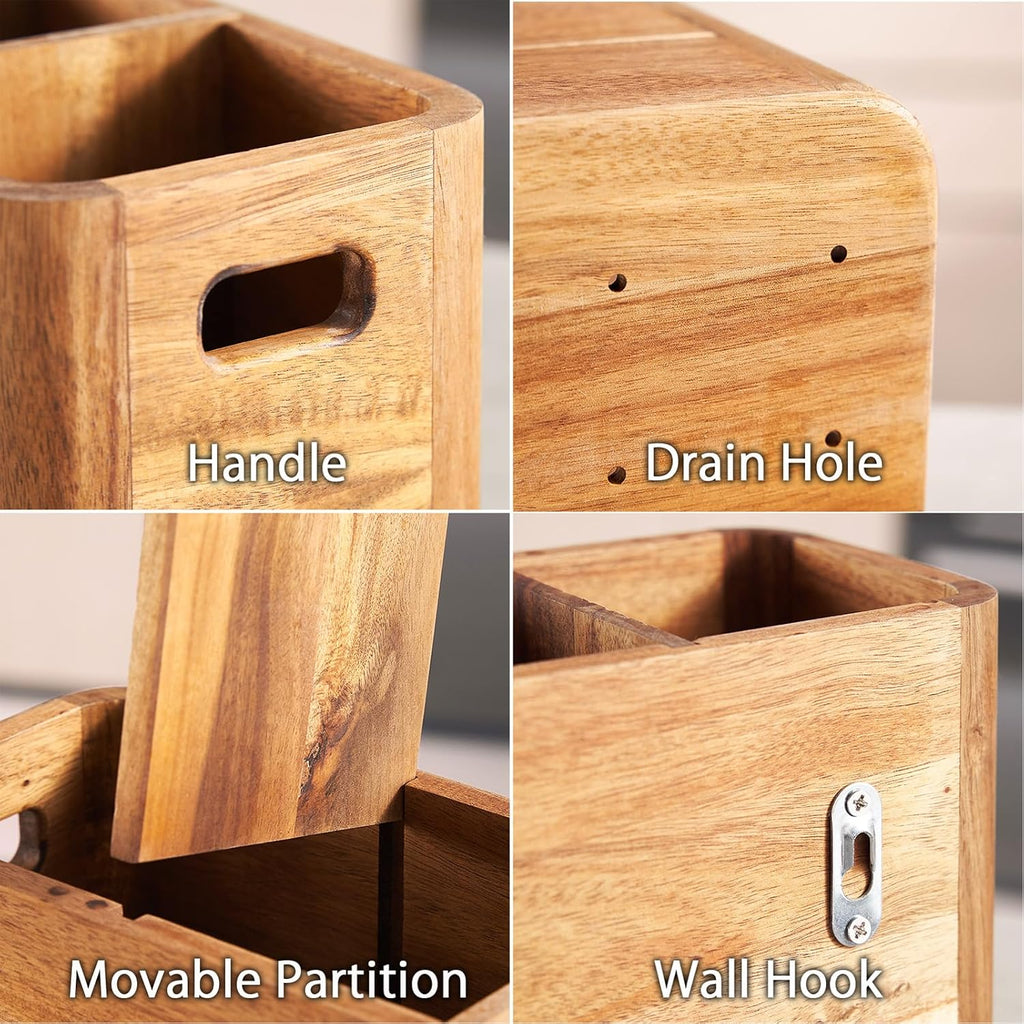 16" Wooden Kitchen Utensil Holder, Extra Large Acacia Wood Organizer