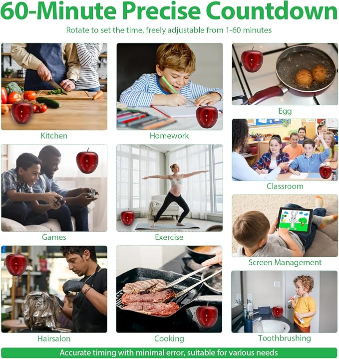 Stainless Steel Apple Kitchen Timer, Mechanical 60-Minute Manual Countdown - Image 6