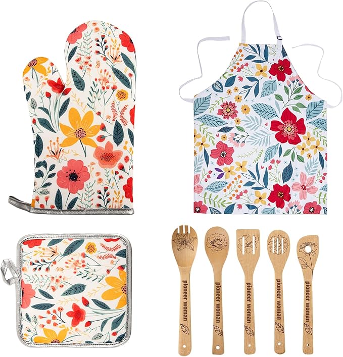 8 Pcs Kitchen Stuff Accessories Include 5 Cute Wooden Spoons & 1 Floral Kitchen by Qchengsan