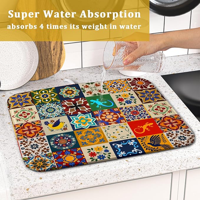 Giwawa Mexican Tile Dish Drying Mat 16"x18" Talavera Boho Floral Print Dish - Image 6