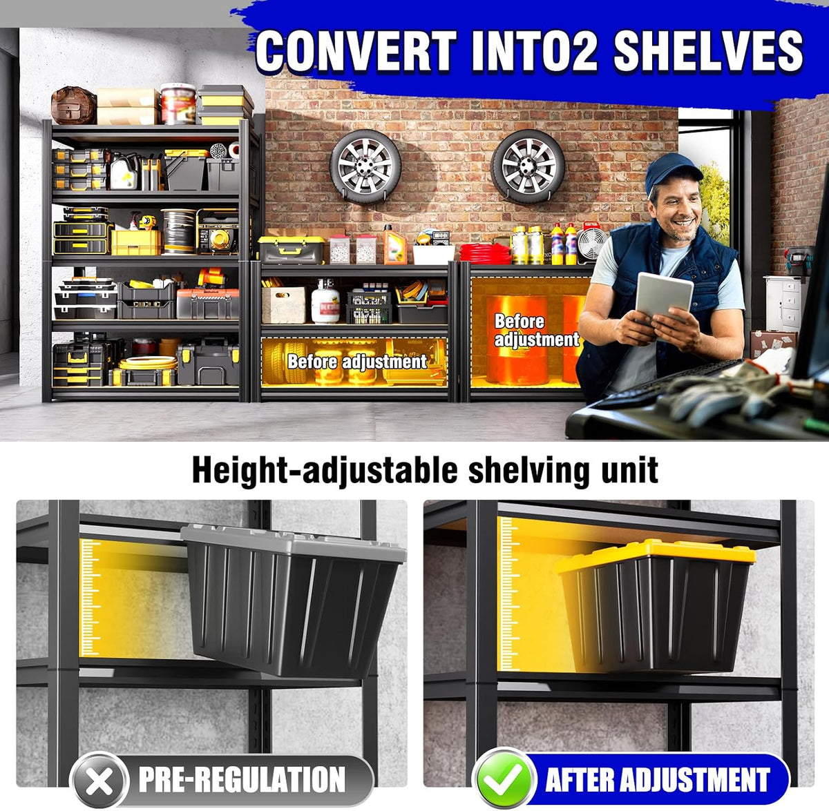 71"H-32"W-14"DGarage Shelving-5 Tier Garage Storage Shelves,Adjustable