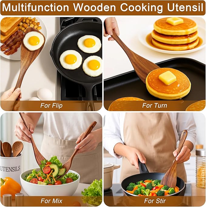 Jilla-hla Wooden Spatula Nonstick Turner Acacia Wood, Left Long Handle Flat - Image 2