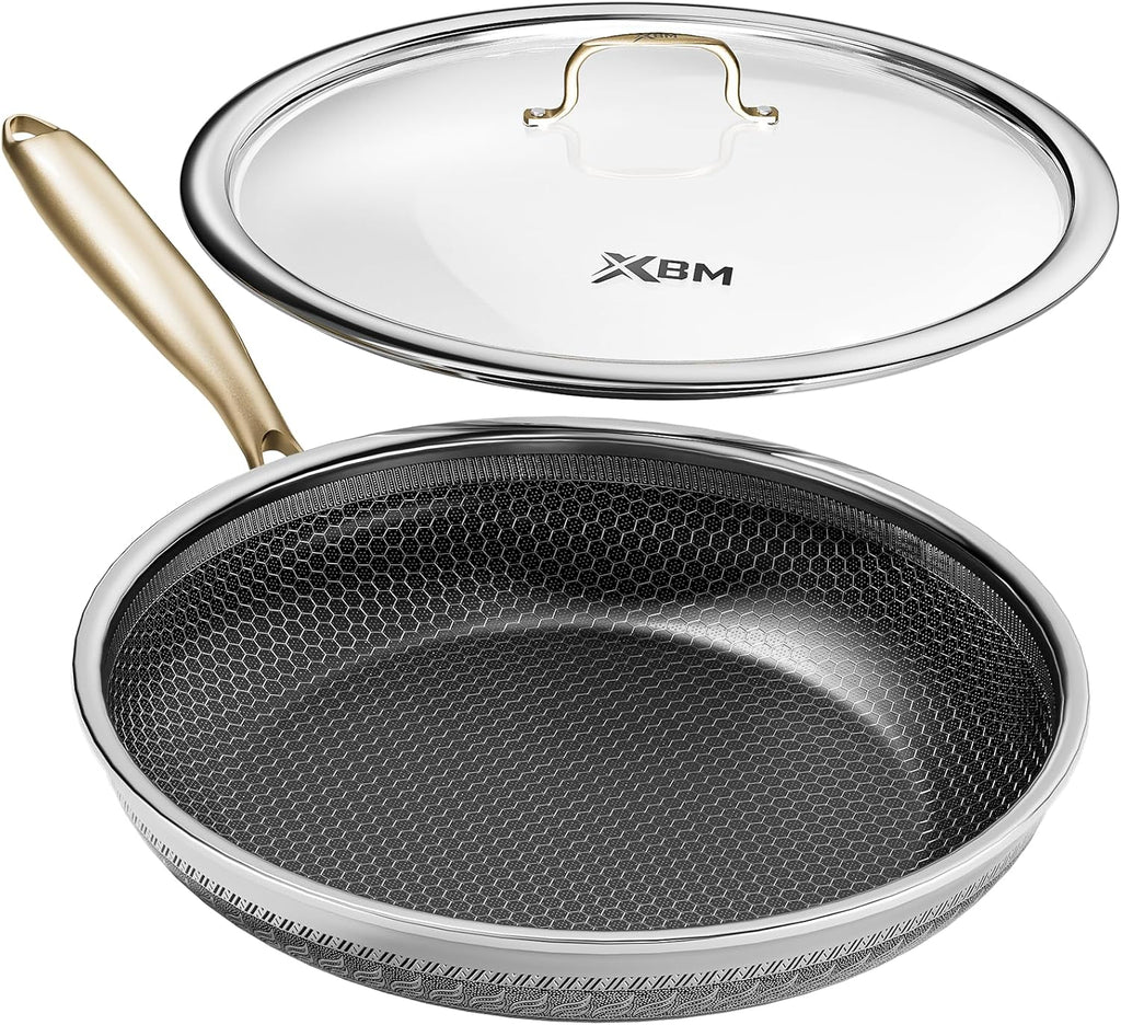 Frying Pan Nonstick with Lid 12 in, Honeycomb, PFAS-Free, All Cooktops