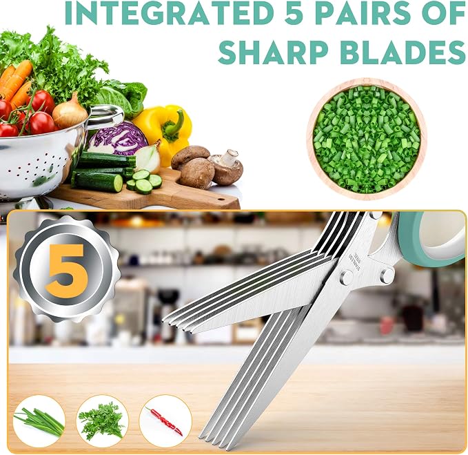 Herb Scissors with 5 Blades and Cover, Kitchen Herb Cutter with Cleaning Comb - Image 2