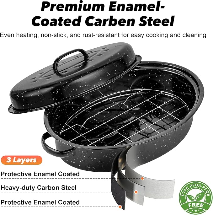 15” Roaster Pan with Lid and Rack, Small Enamel Roaster Pan with Oval Roasting - Image 3