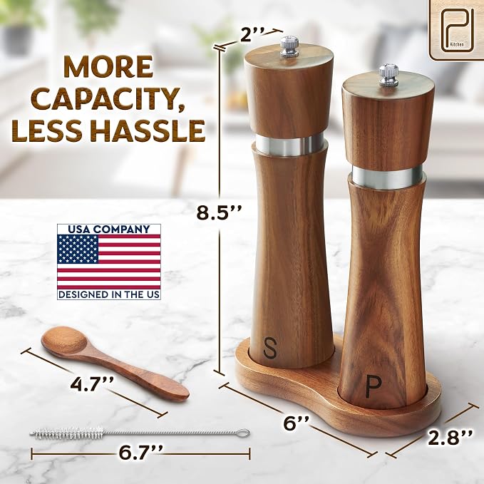 Salt and Pepper Acacia Wood Grinder Set - 60 g / 2 oz each - Tall Modern Mill - Image 2