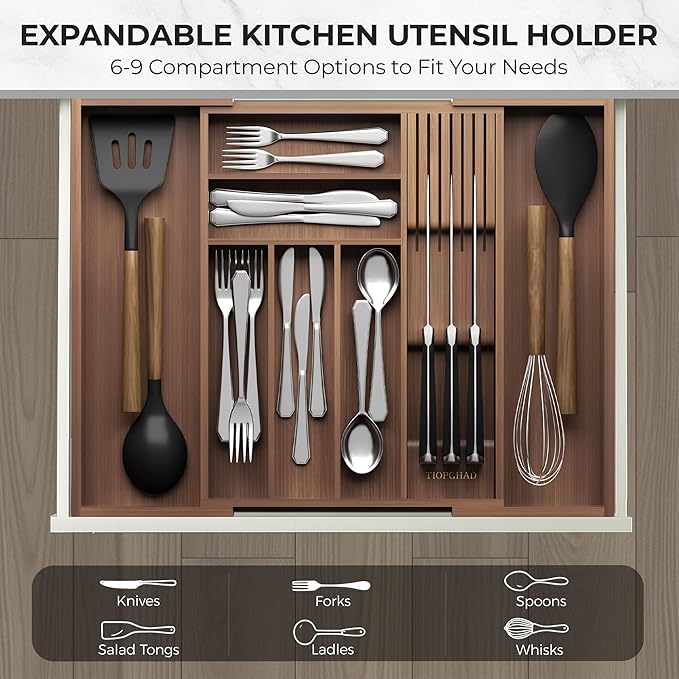 TIOPGHAD Bamboo-Silverware-Drawer-Organizer-Kitchen, Expandable Utensil Holder - Image 2