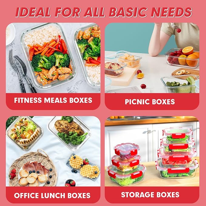 VERONES 30 Pieces Glass Meal Prep Containers Set, Stackable Glass Food Storage - Image 6