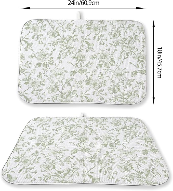 Sage Green Floral Dish Drying Mat 18 x 24 Inch Vintage Light Green Floral - Image 4
