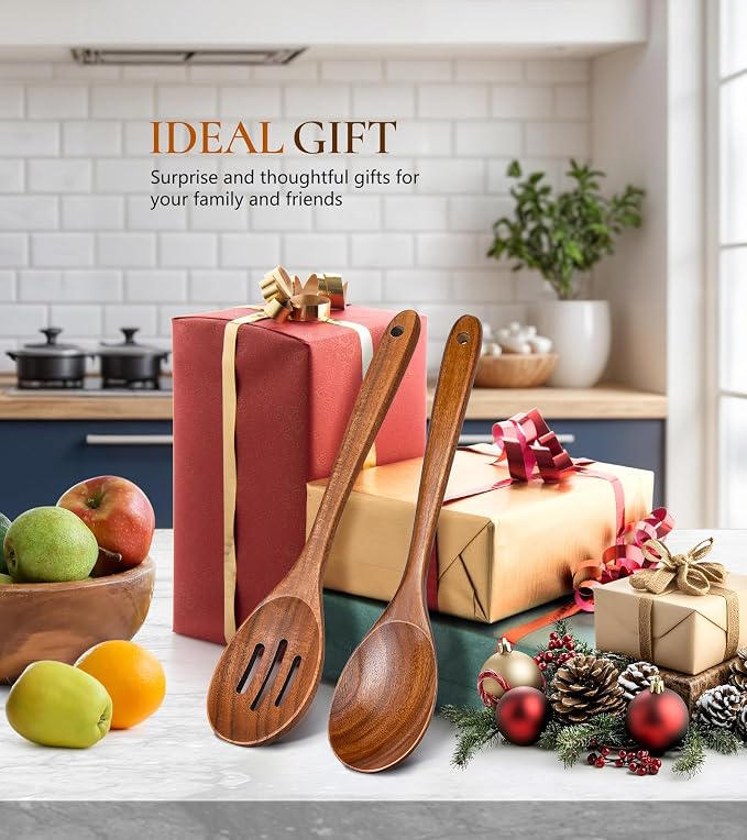 2Pcs Wooden Spoons for Cooking, Natural Premium Teak Wooden Spoon & Slotted - Image 7