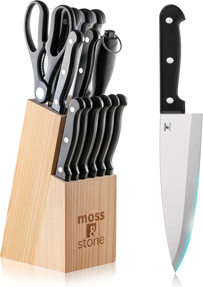 Moss & Stone 14 Pcs Knife Block Set Stainless Steel, Premium Forged Kitchen by Mossstone