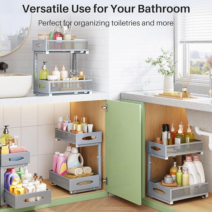 2 Pack Under Sink Organizer, 2 Tier Pull out Cabinet Organizer Mesh Baskets - Image 9