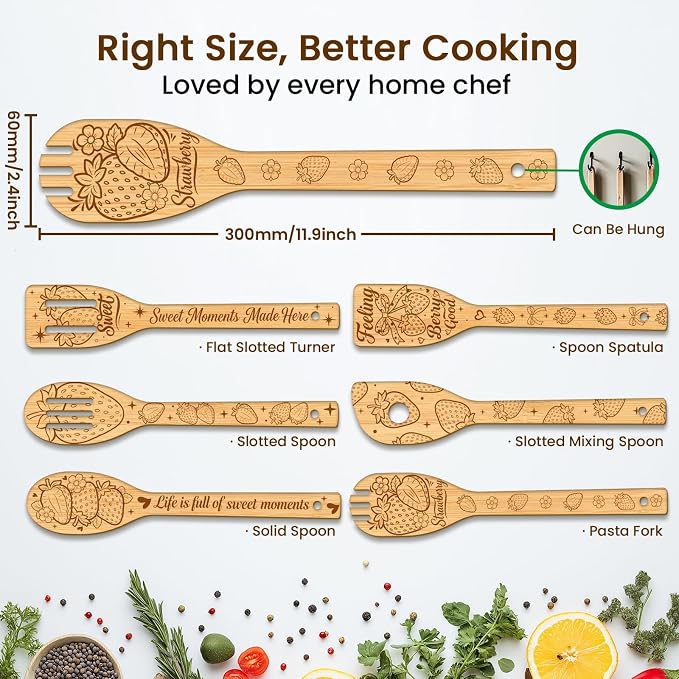 CUTHOLLOW 6PCS Strawberries and Flowers Wooden Kitchen Cooking Utensil Set - Image 2