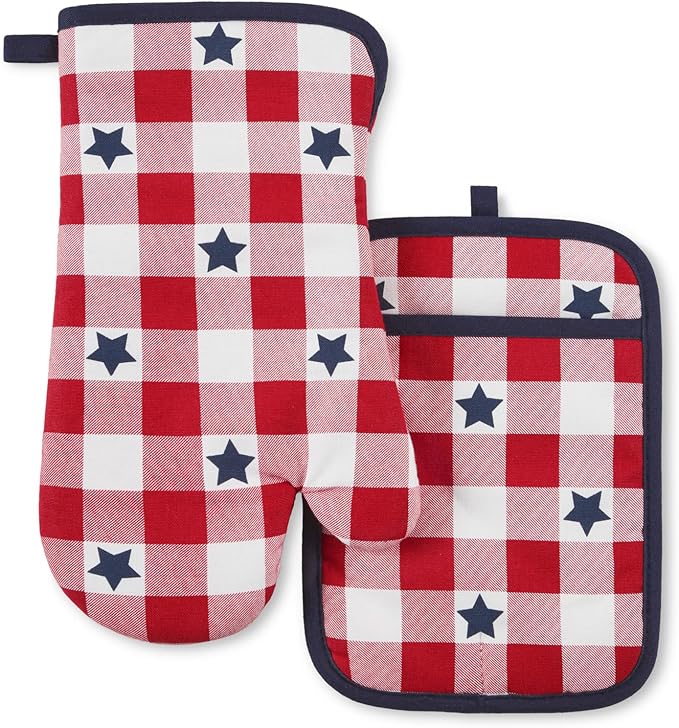 MARTHA STEWART Americana Star Gihgham Oven Mitt & Pot Holder Set, 100% Cotton by MarthaStewart