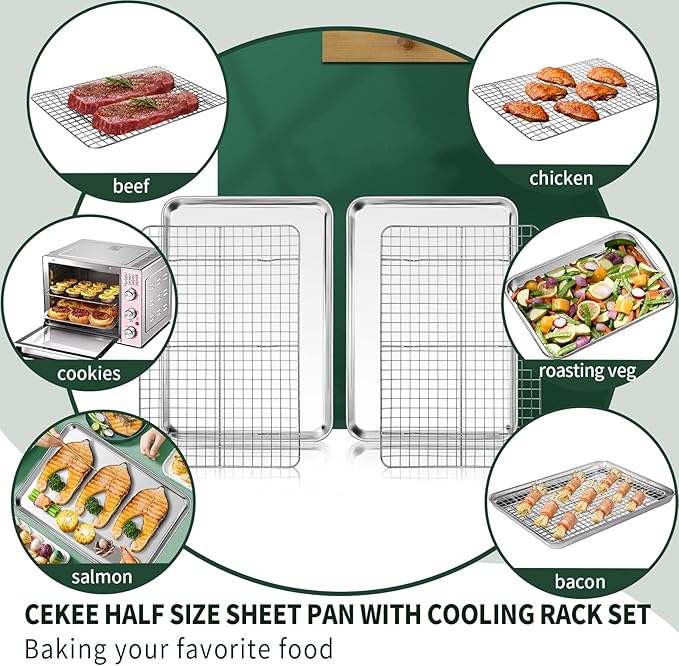 Half Sheet Pans with Rack Set, CEKEE Stainless Half Size Large Baking Sheets - Image 5