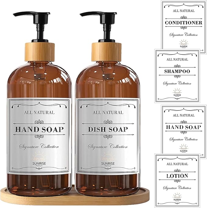 Sunrise Premium 16 OZ Thick Amber Glass Soap Dispenser, Bamboo Pump - Image 7