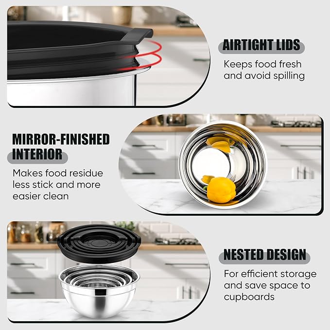 P&P CHEF Mixing Bowls with Airtight Lids Set of 5, 10-Piece Stainless Steel - Image 3