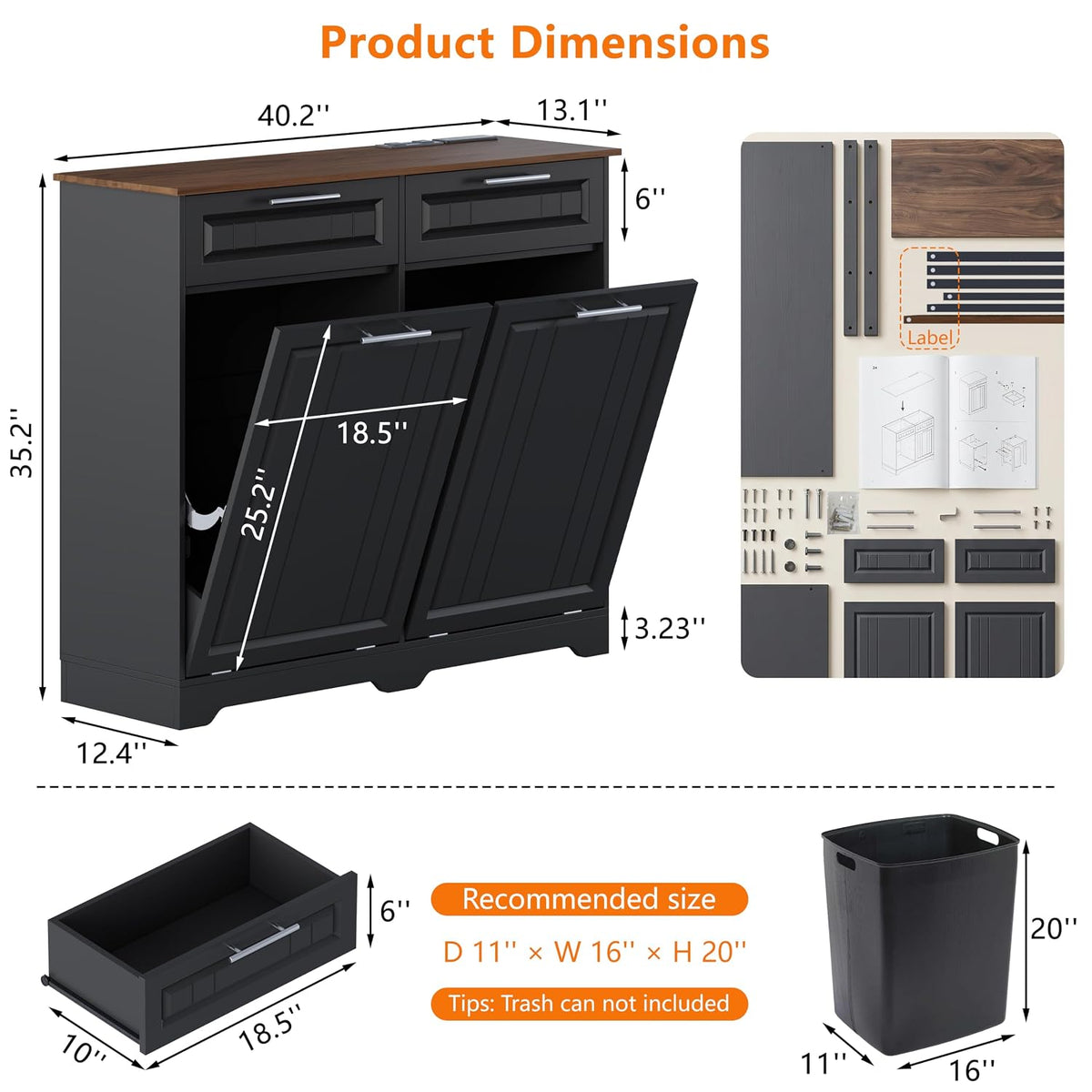 Double 10 Gallon Tilt Out Trash Can Cabinet with Deodorizing Function