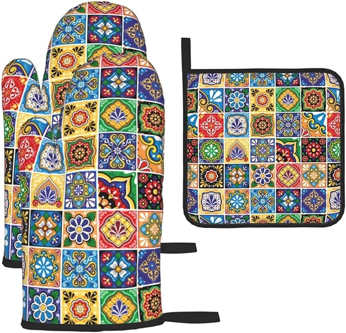 Mexican Talavera Tile Oven Mitts and Pot Holders Sets of 3, Heat Resistant by Unknown