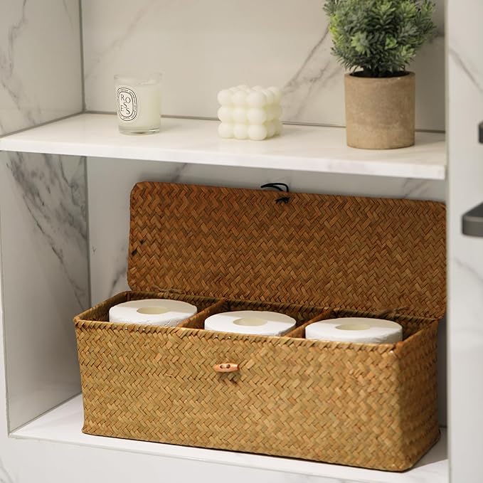 Seagrass Tank Basket with Lid Woven Toilet Roll Storage Basket with Sections - Image 7