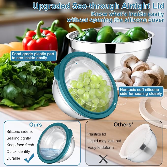 E-far Mixing Bowls with Lids and Graters, Stainless Steel Salad Mixing Bowl - Image 2