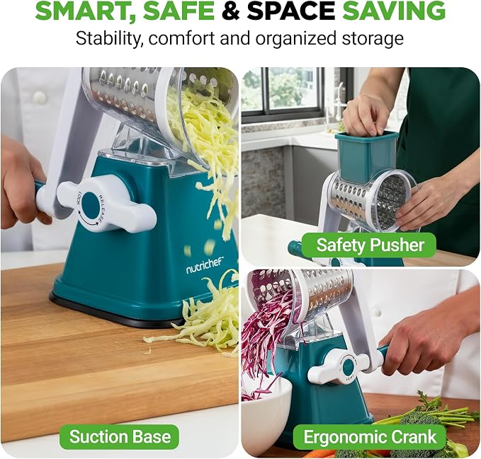 NutriChef 3 in 1 Cheese Grater & Shredder | Strong Suction Base, Rotary Handle - Image 7